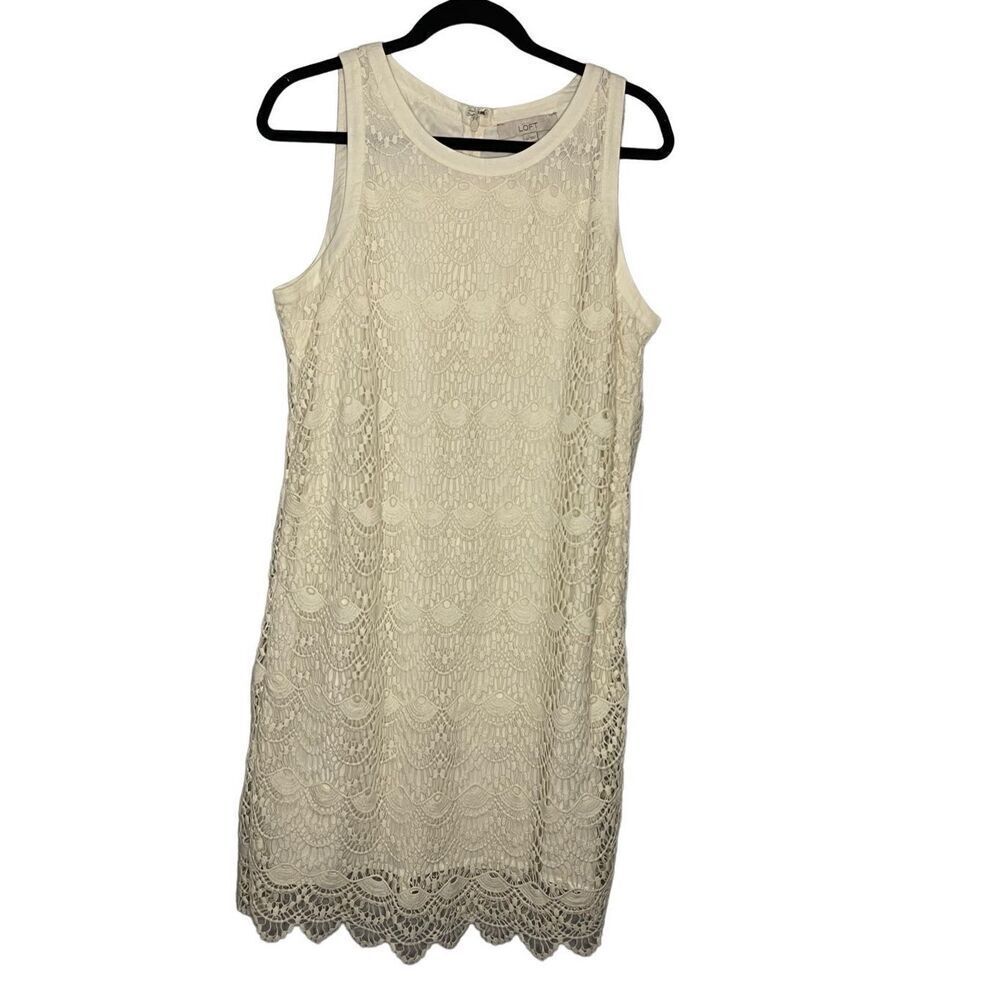 NWT Ann Taylor Loft Cream Crochet Lined Sleeveless Shift Dress Women’s Size 14 - Picture 1 of 5